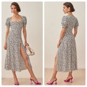 Reformation Lacey Dress Midi Ocelot Black White Animal Print Size 6 NWT